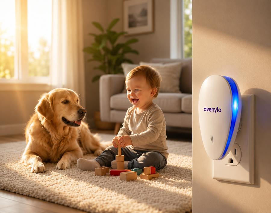 Enfant et chien dans un salon, appareil Avenylo branché