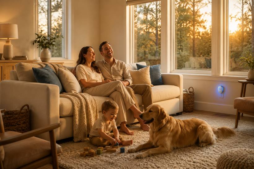 Famille et chien dans un salon avec l'appareil branché